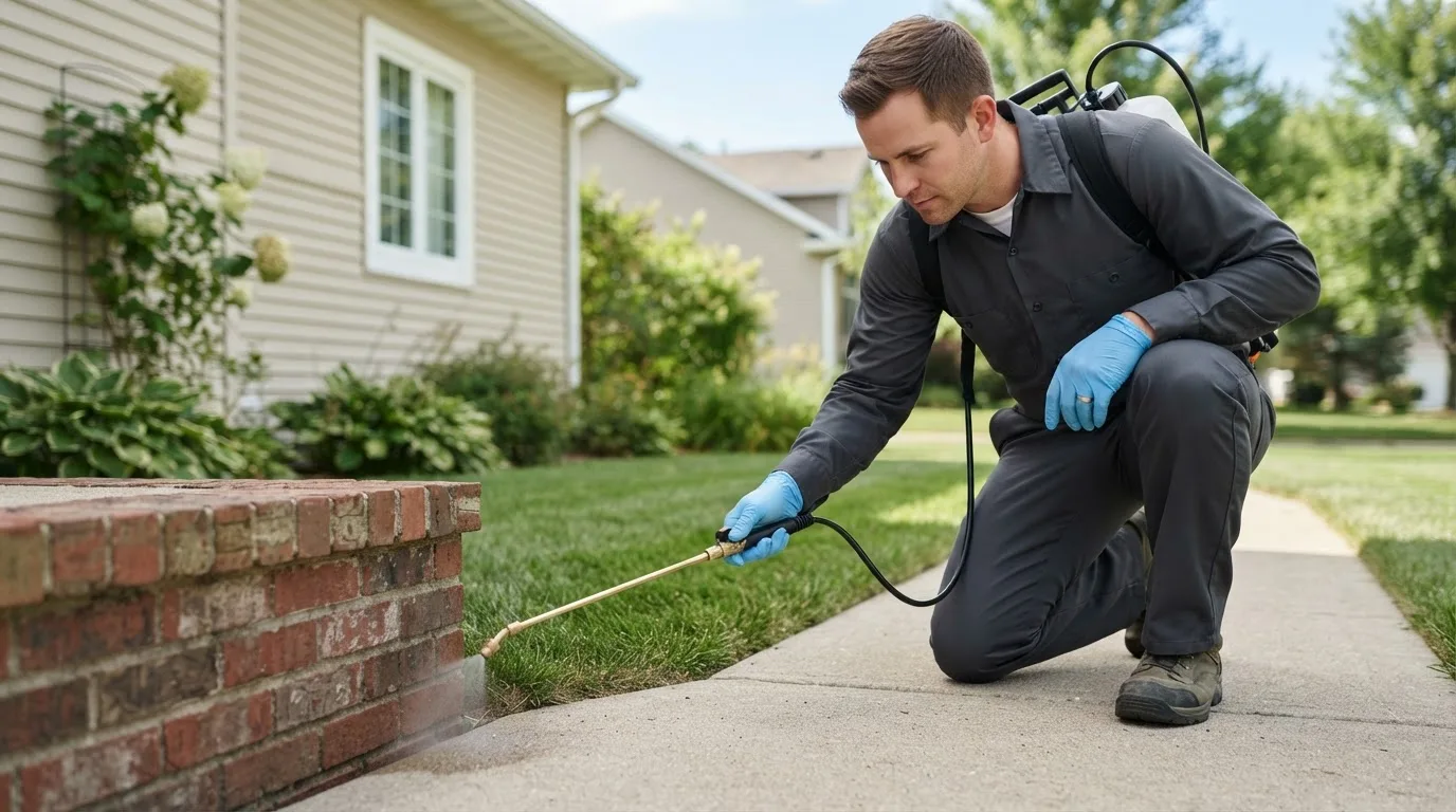 Pest control technician treating a home near Roy, NM
