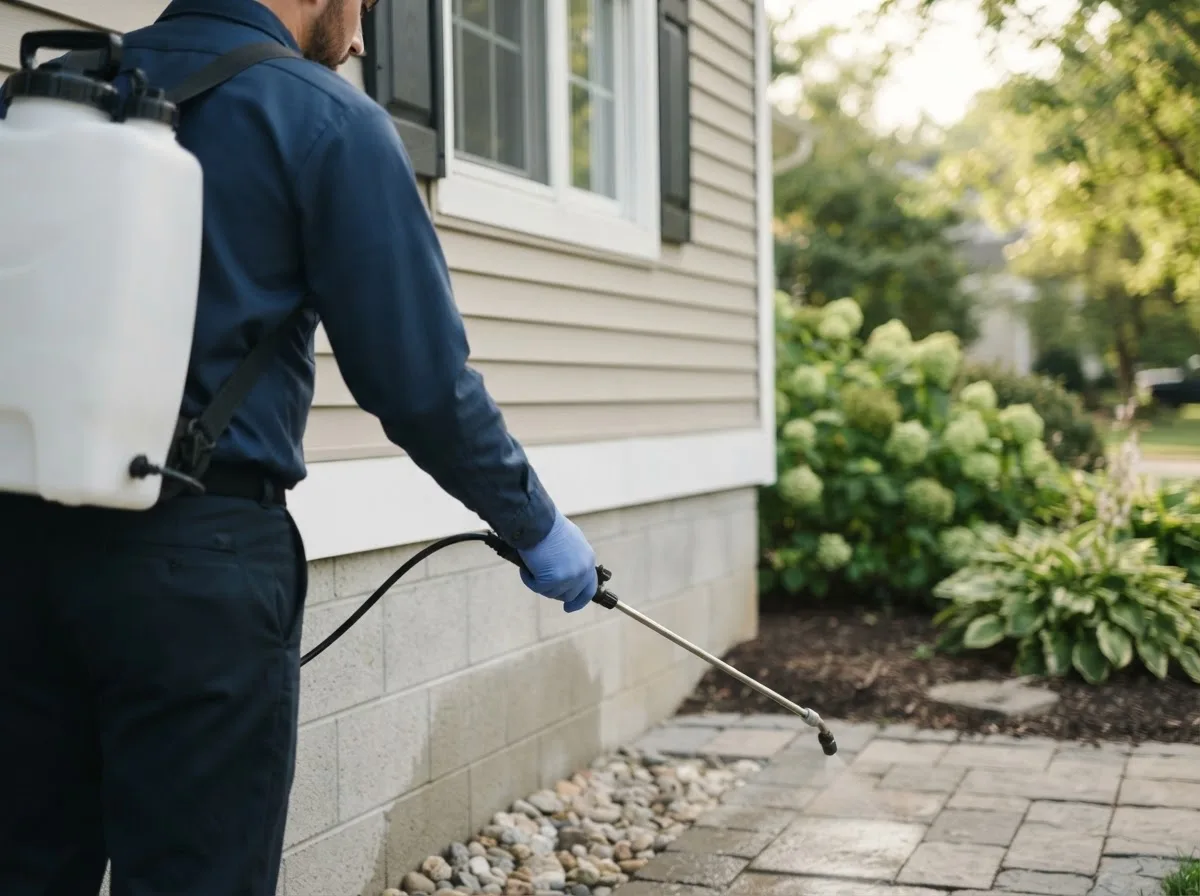 Pest control technician inspecting a home in Roy, NM